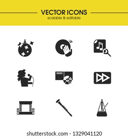 Musical icons set with album, metronome and clarinet elements. Set of musical icons and scene concept. Editable vector elements for logo app UI design.