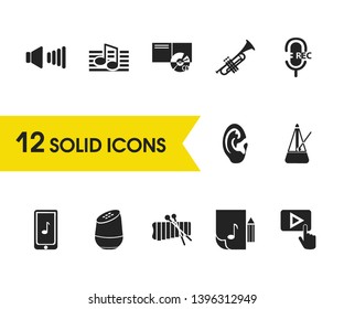 Musical icons set with album, music on phone and recording mic elements. Set of musical icons and moving pendulum concept. Editable vector elements for logo app UI design.