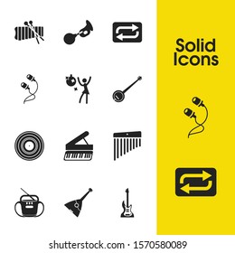 Musical icons set with balalaika, repeat button, grand piano elements. Set of musical icons and fret concept. Editable vector elements for logo app UI design.