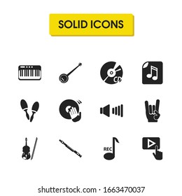 Musical icons set with banjo, flute and music record elements. Set of musical icons and rock roll concept. Editable vector elements for logo app UI design.