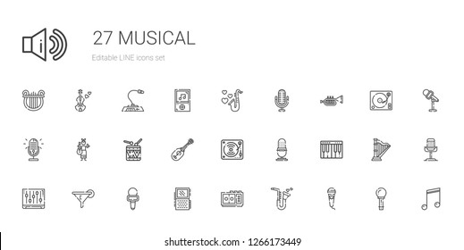 musical icons set. Collection of musical with microphone, saxophone, voice recorder, filter, levels, piano, music, ukelele, drums, guitar. Editable and scalable musical icons.