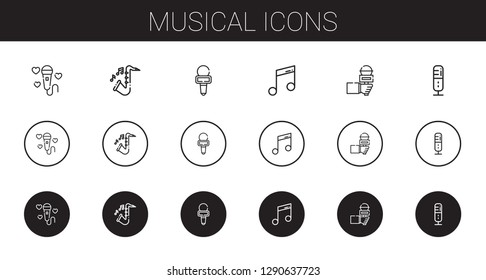 musical icons set. Collection of musical with microphone, saxophone, music. Editable and scalable musical icons.