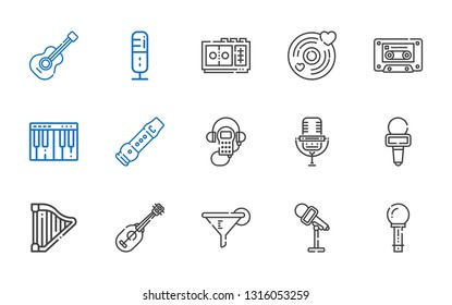 musical icons set. Collection of musical with microphone, filter, ukelele, harp, audio guide, flute, piano, cassette, vinyl, voice recorder. Editable and scalable musical icons.