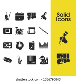 Musical icons set with concert stage, flute and violin elements. Set of musical icons and pandeiro concept. Editable vector elements for logo app UI design.