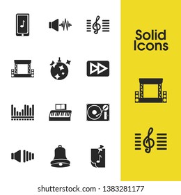 Musical icons set with equalizer, forward button and music on phone elements. Set of musical icons and music note concept. Editable vector elements for logo app UI design.