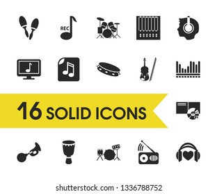 Musical icons set with favorite song, maracas and klaxon elements. Set of musical icons and laptop concept. Editable vector elements for logo app UI design.