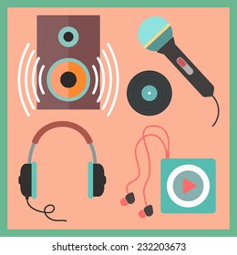 musical icons set in flat style. isolated on stylish background. vector illustration