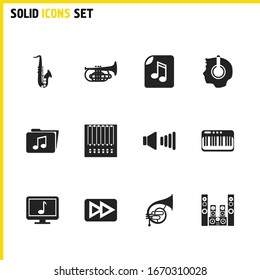 Musical icons set with forward button, music folder and music file elements. Set of musical icons and sound on concept. Editable vector elements for logo app UI design.