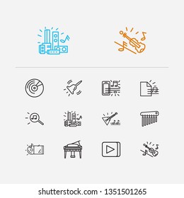 Musical icons set. Grand piano and musical icons with vinyl, music file and balalaika. Set of wind for web app logo UI design.