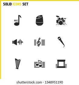 Musical icons set with harp, musical note and concert stage elements. Set of musical icons and music band concept. Editable vector elements for logo app UI design.