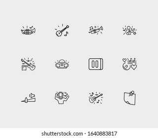 Musical icons set. Low volume and musical icons with pin note, electric guitar and love song. Set of person for web app logo UI design.