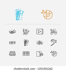 Musical icons set. Music record and musical icons with singer woman, harp and cornet. Set of playing for web app logo UI design.