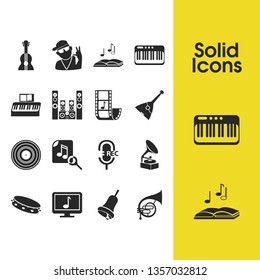 Musical icons set with music video, tambourine and guitar elements. Set of musical icons and book concept. Editable vector elements for logo app UI design.