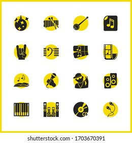 Musical icons set with music video, sound system and disco ball elements. Set of musical icons and speaker concept. Editable vector elements for logo app UI design.