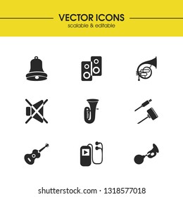 Musical icons set with mute, adapter cable and ukulele elements. Set of musical icons and wire concept. Editable vector elements for logo app UI design.
