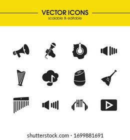 Musical icons set with smart speaker, karaoke and chimes elements. Set of musical icons and meloman concept. Editable vector elements for logo app UI design.