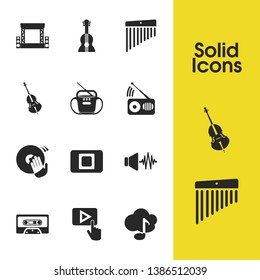 Musical icons set with sound wave, concert stage and guitar elements. Set of musical icons and acoustic concept. Editable vector elements for logo app UI design.