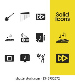 Musical icons set with stop button, music on computer and night club elements. Set of musical icons and glockenspiel concept. Editable vector elements for logo app UI design.