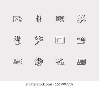 Musical icons set. Synthesizer and musical icons with balalaika, xylophone and djembe. Set of traditional for web app logo UI design.