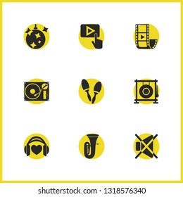 Musical icons set with tuba, favorite song and disco ball elements. Set of musical icons and fiesta concept. Editable vector elements for logo app UI design.