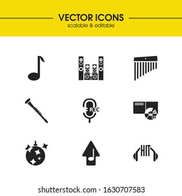 Musical icons set with upload music, chimes and recording mic elements. Set of musical icons and send melody concept. Editable vector elements for logo app UI design.