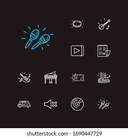 Musical icons set. Violin and musical icons with grand piano, sound system, maracas. Set of timbrel for web app logo UI design.