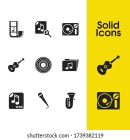 Musical icons set with wav file, music video and turntable elements. Set of musical icons and gramophone concept. Editable vector elements for logo app UI design.