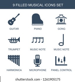 musical icons. Trendy 9 musical icons. Contain icons such as guitar, piano, gong, trumpet, music note, harmonica, microphone, panel control. musical icon for web and mobile.