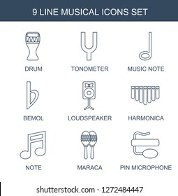 musical icons. Trendy 9 musical icons. Contain icons such as drum, tonometer, music note, bemol, loudspeaker, harmonica, note, maraca, pin microphone. musical icon for web and mobile.