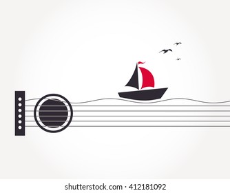 Musical illustration with abstract guitar, boat and birds in the sky 