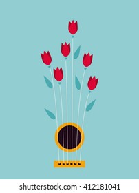 Musical illustration with abstract guitar and flowers. Acoustic guitar. Live music vector  illustration