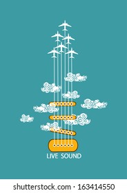 Musical illustration with concept guitar and airplanes in the sky