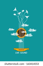 Musical illustration with concept guitar and birds in the sky