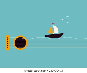 Musical illustration with concept guitar, boat and birds in the sky 