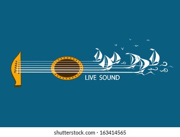 Musical illustration with concept guitar and sailing ships