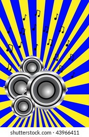 A musical illustration with a group of audio speakers on a blue and yellow sunburst background with dancers in silhouette saved in EPS10 format
