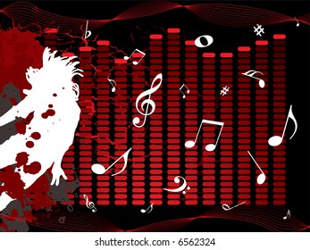 Ilustración musical con notas y un hombre saltando sobre un fondo negro