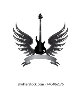 musical illustration with silhouettes of guitar, wings. Rock music symbol. Electric guitar with wings and bow ribbon for text. Musical instrument background