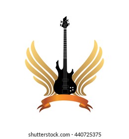 Musical illustration with silhouettes of guitar, wings. Rock music symbol. Electric guitar with wings and bow ribbon for text. Musical instrument background