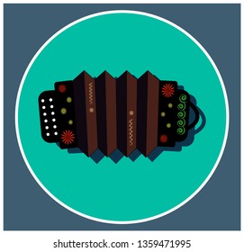 Musical instrument Accordion with floral ornament. Folk Russian music. Object black harmonic isolated on green circle background. Flat icon. Vector illustration of educational cards of Russian style.
