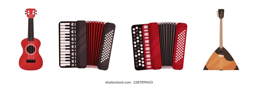 Musical Instrument with Accordion, Guitar and Balalaika Vector Set