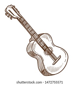 Musical instrument acoustic guitar string isolated sketch music show live performance or concert sound producing device rock and pop genres notes, songs and melodies musician or player wooden item