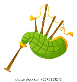 The musical instrument is a bagpipe. A green bagpipe with a checkered pattern.