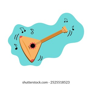 Instrumento musical.  Balalaika jugando.  Tradiciones rusas, folclore.  Canción, música. Observe los signos. Ilustración vectorial de dibujos animados, fondo aislado.