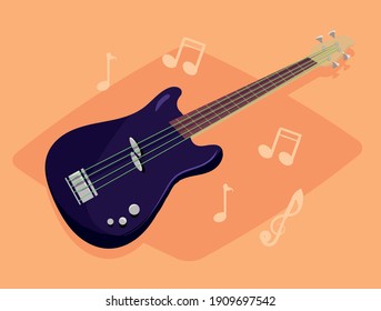 Musical instrument black bass guitar with green strings