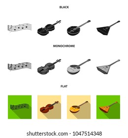 Musical instrument black, flat, monochrome icons in set collection for design. String and Wind instrument isometric vector symbol stock web illustration.