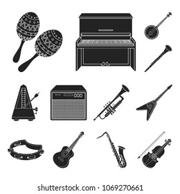 Musical instrument black icons in set collection for design. String and Wind instrument vector symbol stock web illustration.
