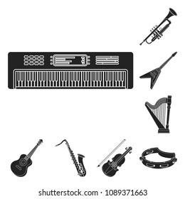 Musical instrument black icons in set collection for design. String and Wind instrument vector symbol stock web illustration.