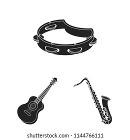 Musical instrument black icons in set collection for design. String and Wind instrument vector symbol stock web illustration.
