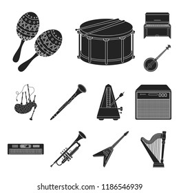 Musical instrument black icons in set collection for design. String and Wind instrument vector symbol stock web illustration.